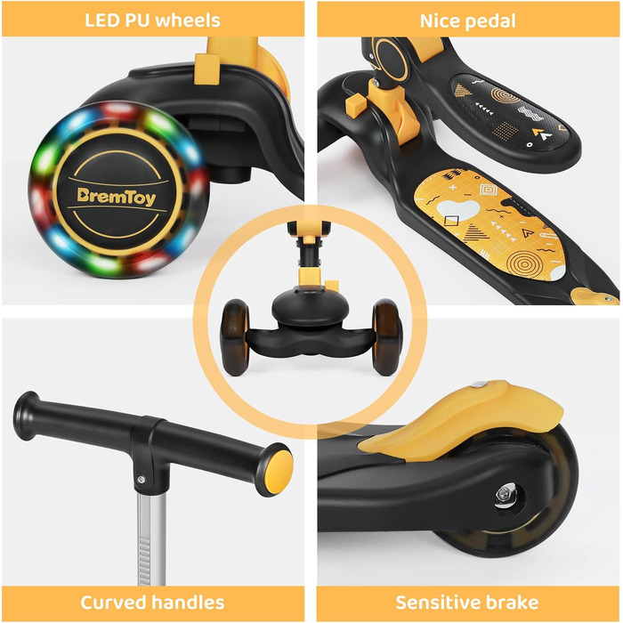 Дитячий самокат BremToy з сидінням, самокат зі світлодіодними колесами, дитячий самокат з регульованим по висоті кермом, складний