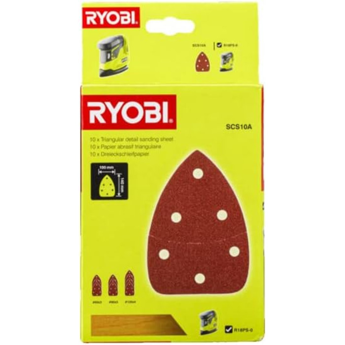 Трикутна шліфувальна машина RYOBI RPS18-0 18V OnePlus без акумулятора та зарядного пристрою 10 шліфувальних листів SCS10A зернисті