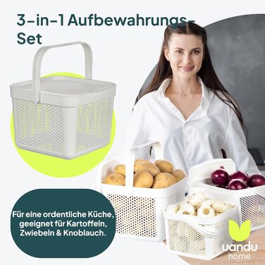 Набір із 3 ящиків для зберігання картоплі uandu Ящик для картоплі на кухню, ящик для цибулі та часнику, кухонний органайзер, білий набір із 3 предметів (5 л 8 л 12 л)