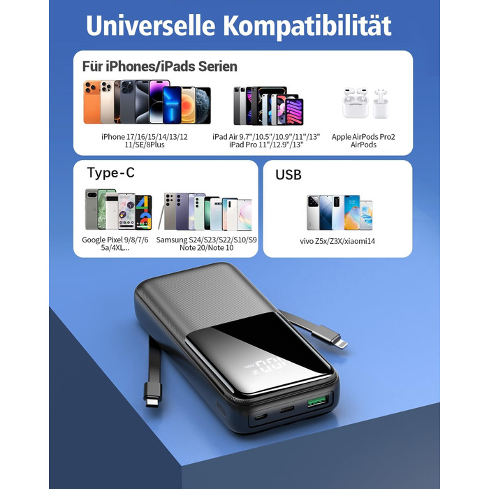 Портативний зарядний пристрій ємністю 26800 мАг, 22,5 Вт із USB-C та швидкою зарядкою, 3 порти та 2 вбудовані кабелі, зовнішній акумулятор, сумісний з iPhone 17 16 15 14 13 Android, чорний