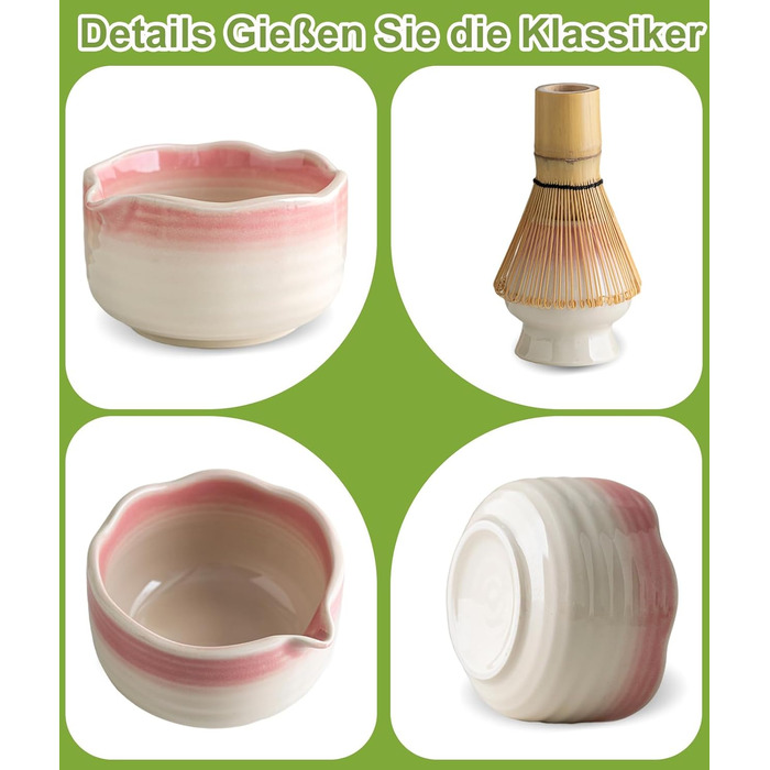 Набір для матча JBER Рожевий Градієнт бамбуковий вінчик (часен), чаша для матча з носиком, підставка для вінчика, ситечко, ложка та підставка, японський набір для поціновувачів матча