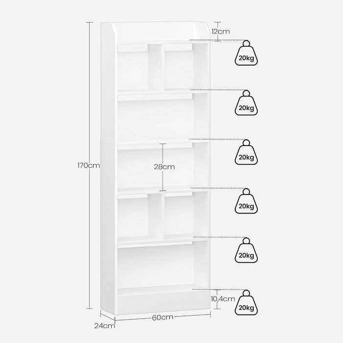 Книжкова полиця Hzuaneri, з 6 полицями, полиця для зберігання, окремостояча полиця, для вітальні, офісу, спальні, 24 x 60 x 170 см, білий BC11103 шт. Білий 24 x 60 x 170 см
