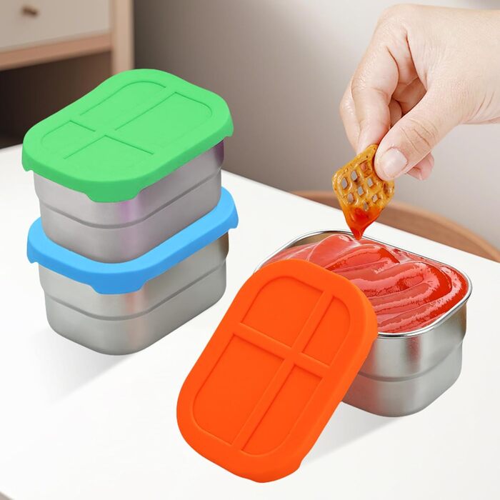 Набір з 4 контейнерів для перекусів з нержавіючої сталі, 230 мл, з силіконовою кришкою. Герметичні контейнери для їжі, фруктів, мюслі та заморозки.