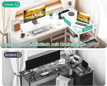 Письмовий стіл Coleshome з тканинними шухлядами, 140x80 см, двосторонній L-подібний стіл з шухлядою для документів, кутовий стіл з портом зарядки USB та розеткою, столи для домашнього офісу, білий 140x80 см