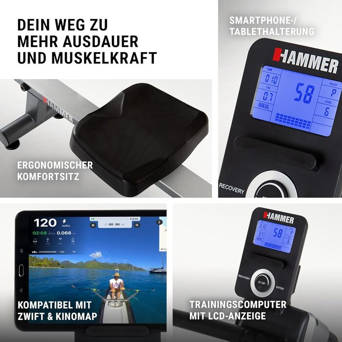 Гребний тренажер HAMMER Pro Force - компактний, легкий та високоефективний кардіотренажер з 20 програмами тренувань та тримачем для планшета, вага користувача до 120 кг
