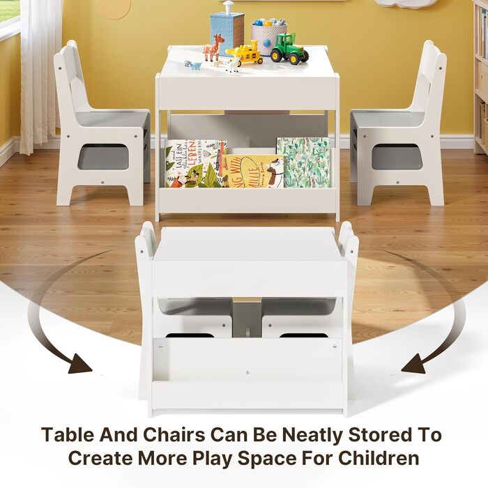 Дитячий стіл Xbro з 2 стільцями, дитячий стіл для малювання 4-в-1 з місцем для зберігання, багатофункціональний дерев&39яний дитячий комплект сидіння з книжковою полицею, для дітей віком від 3 років, 61,5 61,5 48 см, сірий