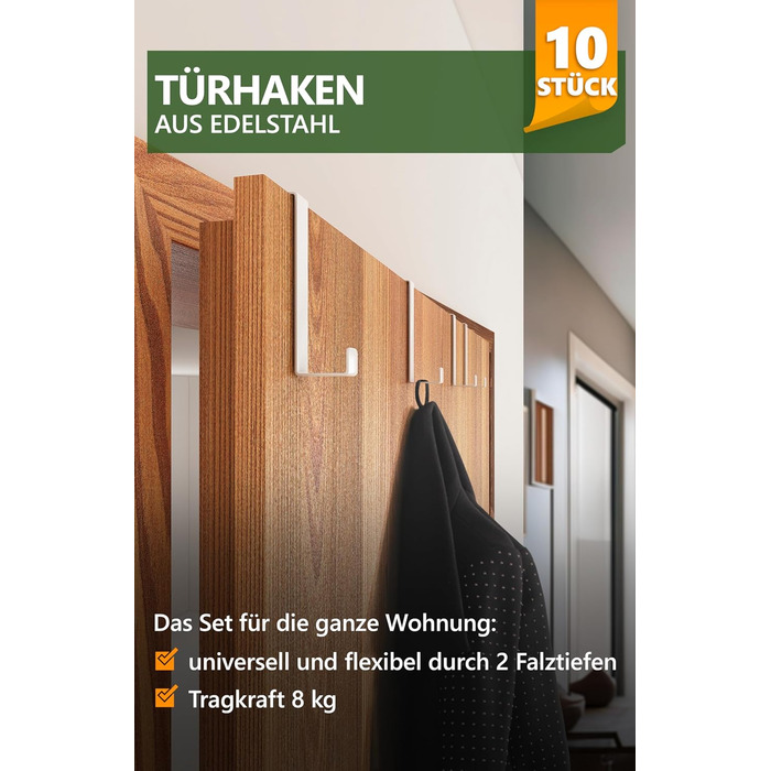 Дверні гачки 4smile - набір з 10 шт. , білі - дверні гачки з нержавіючої сталі для підвішування, універсального використання, двер