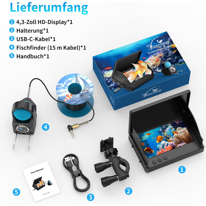 Ехолот для риболовлі з 4,3-дюймовим РК-дисплеєм, 15-метровим водонепроникним кабелем IP68 та 6 ІЧ-ліхтарями нічного бачення, портативна підводна камера для риболовлі на льоду, в озерах, з човнів та каяків 15M, 1080P HD