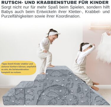 Модульний дитячий диван MeMoreCool з пінопласту, розкладні меблі для дитячої кімнати з функцією сидіння та відкидання, м&39який міні-диван зі знімним чохлом, сірий динозавр 02 сірий динозавр