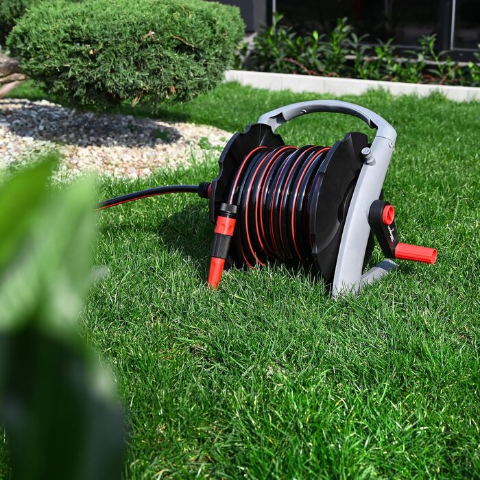 Намотувач садового шланга 20 м - настінний, з ручкою для перенесення - мобільний барабан для шланга з розпилювачем та з'єднувачами 1/2 / 3/4 - підключення до крана 3/4