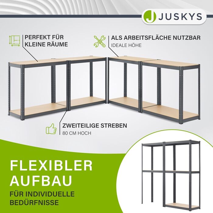 Комплект полиць для зберігання Juskys з 2 предметів Easy 2 шт. 160x80x40 см (ВxШxГ) - вантажопідйомність 640 кг - 8 полиць - металева надміцна полиця, полиця для підвалу, полиця без болтів, система полиць, металева полиця, сірий