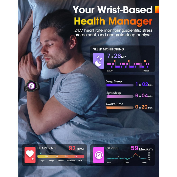 Чоловічий військовий смарт-годинник з великим HD-дисплеєм 1,92 дюйма, акумулятором 1000 мАг, фітнес-годинник з понад 120 спортивними режимами, водонепроникністю 5 атм, функцією телефону, пульсометром, монітором сну, спортивним годинником для iOS та Androi