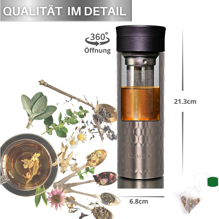 Пляшка для чаю з заварювальним контейнером - 480 мл - ізольована термокружка з нержавіючої сталі - чайник з вставкою для заварювання - отвір для пиття на 360 - 100 герметичний, екологічний (сірий) Сірий 480 мл
