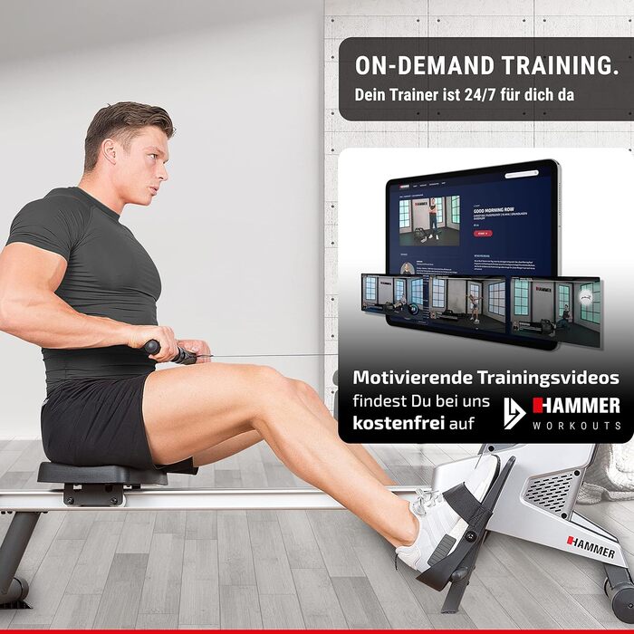 Гребний тренажер HAMMER RX1 для домашнього використання - складний гребний тренажер з магнітною гальмівною системою, сидінням на кулькових підшипниках, вагою користувача до 120 кг та вбудованим пульсометром для нагрудних ременів