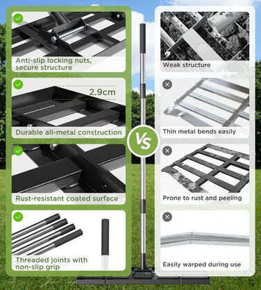 Вирівнювач для газону 75x25 см з регульованою ручкою, граблі-рівняльник з нержавіючою сталевою ручкою 180 см, міцний та енергозберігаючий вирівнювач для саду, подвір'я, гольф-поля, легке вирівнювання піску та ґрунту 75 x 25 см