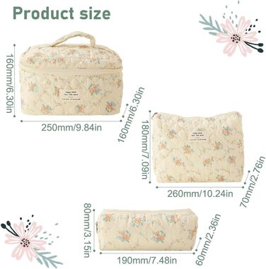 Набір стьобаних бавовняних косметичок Fiorky з 3 частин з квітковим візерунком, велика місткість, застібка-блискавка, набір бавовн