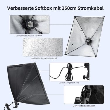 Набір фотостудії Softbox, освітлення FGen Photo Light 2x50x70 см для фотостудій з базовою фотолампою E27 135 Вт 5500K і штативами 2M з регульованим світлом для студійних портретів, предметної фотозйомки 2x135 Вт Softbox