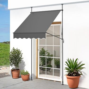 Тент з кріпленням на затискачі та ручним приводом, ширина 150 см, балконний тент з ручним регулюванням висоти без свердління, захист від ультрафіолету, сонцезахисний козирок, водонепроникний для використання на вулиці, для патіо, балкону, саду, антрацит