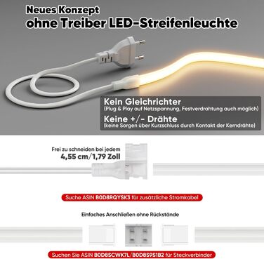 Світлодіодна стрічка Shine Decor COB 2м, AC 220-230V, IP65 Водонепроникна, SMD2025 286 LED/м, Надяскрава світлова лінія для кухні, саду та освітлення (2м, Теплий білий, Сертифікат CE). Теплий білий, 2 метри.
