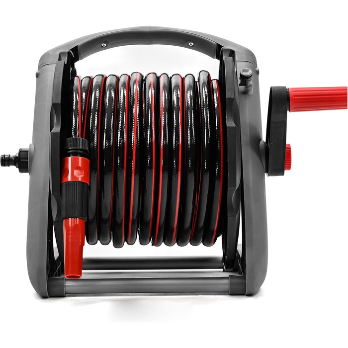 Намотувач садового шланга 20 м - настінний, з ручкою для перенесення - мобільний барабан для шланга з розпилювачем та з'єднувачами 1/2 / 3/4 - підключення до крана 3/4