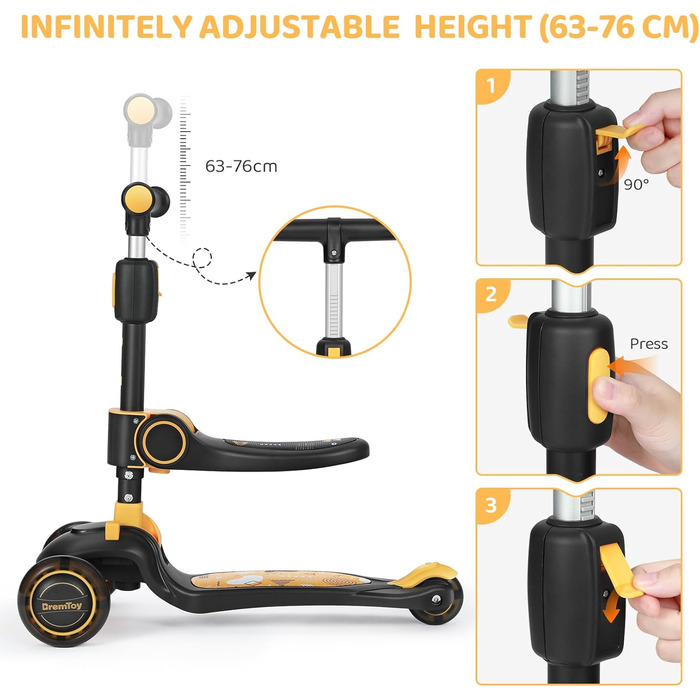 Дитячий самокат BremToy з сидінням, самокат зі світлодіодними колесами, дитячий самокат з регульованим по висоті кермом, складний