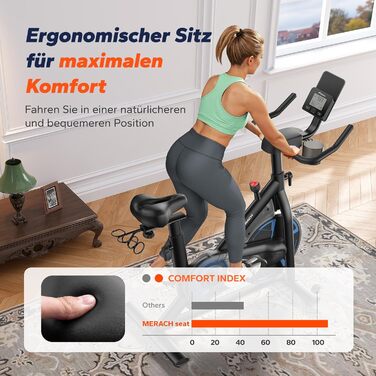 Велотренажер MERACH з магнітним опором, тихий домашній тренажер з покращеним амортизуючим сідлом на повітряній подушкі, спеціалізований додаток, стабільна H-подібна рама для кращої підтримки, до 150 кг, синій