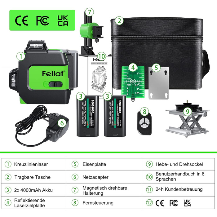 Поперечний лазер 3x360, поперечний лазерний зелений самовирівнюючий лазерний нівелір 12 лінійний лазер з акумуляторами 2x4000mAh і пультом дистанційного керування для використання в приміщенні на будівельному майданчику