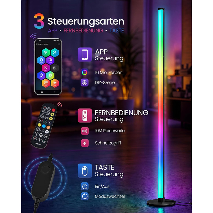 Набір з 2 LED-торшерів VASAGLE Lusia RGB та тепле біле світло (3000K), керування через додаток
