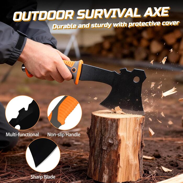 Набір для виживання 6-в-1 ніж, складний сокира та інструменти для активного відпочинку. Комплект обладнання для виживання з складною пилкою, складаним лопатею, кресалом. Ідеальний подарунок для чоловіків, які люблять кемпінг, пригоди та піші прогулянки.