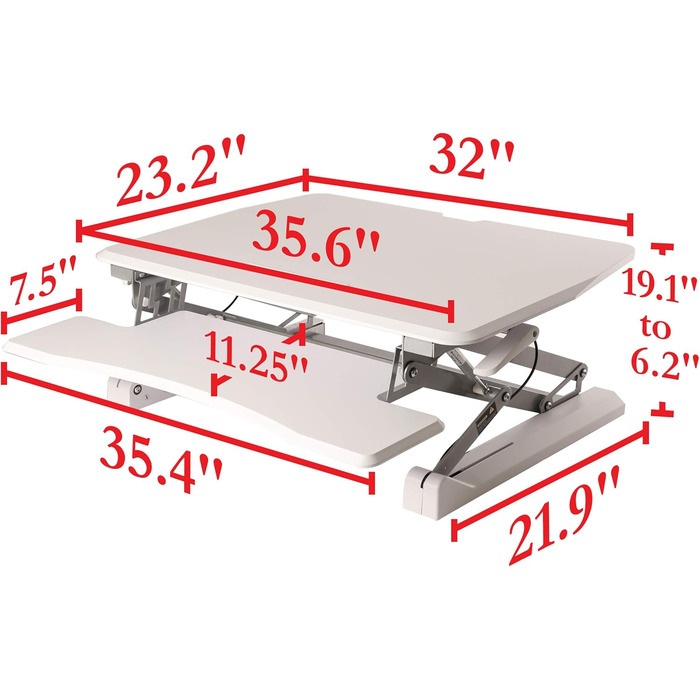 Стіл-конвертер Seville Classics 90 см з пневматичним регулюванням висоти сидячи-стоячи з газовою пружиною, металевий, білий 90 см x 59 см пневматичний білий