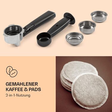 Еспресомашина Klarstein Pausa, портафільтр-машина на 1350 Вт, еспресо-машина 20 бар, кавоварка з портафільтром з резервуаром для води 1,4 літра нержавіюча сталь, срібло