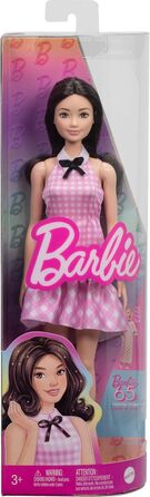 Лялька Barbie Fashionistas 224 із хвилястим чорним волоссям, рожевою сукнею в ситцевий колір і аксесуарами, колекційна модна ляльк