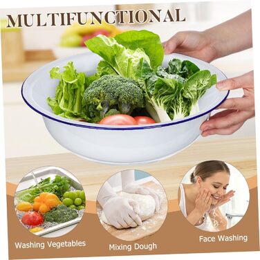 Емальована миска для змішування з армованої емалі 34 см, велика вінтажна, для миття овочів та домашнього використання, біла універсальна кухонна миска