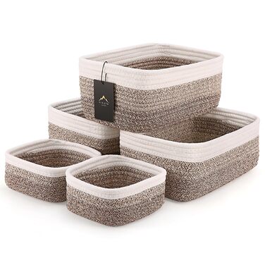 Невеликі кошики для зберігання з плетеної мотузки, 2 розміри, органайзер для шафи, полиці, книжкової полиці, дитячої кімнати, пеленального столика, тканинні коробки-кубики, прямокутні плоскі контейнери для ванної кімнати