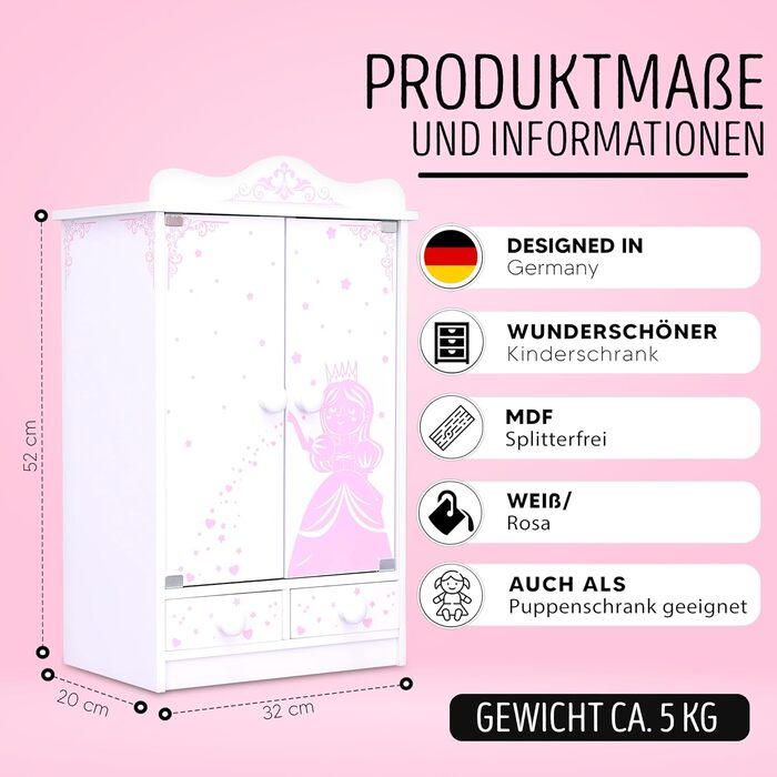 Дитяча шафа habeig XXL, висота 52 см, настінна шафа, підвісна шафа, біла, 2 двері, шафа для ляльок (рожевий/білий 833)