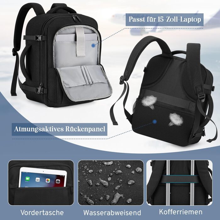 Рюкзак для ручної поклажі, розширювана дорожня сумка від 24 л до 30 л, водонепроникний рюкзак для ручної поклажі з вологим відділенням, ручна поклажа Ryanair 40x30x20 для 15-дюймового ноутбука для Ryanair, Lufthansa, чорний 40x30x20 см