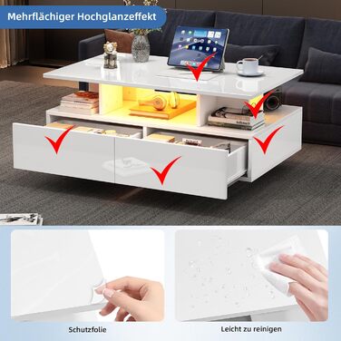 Журнальний столик Merax глянцевого білого кольору, стіл для вітальні зі світлодіодним підсвічуванням, журнальний столик з 2 шухлядами, відкриті відділення, стильний столик для дивана, бічний столик, чайний столик, елегантний прямокутний центральний столик