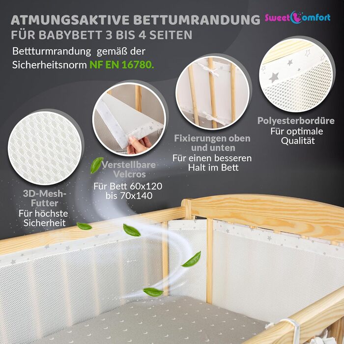 Бортик для дитячого ліжечка SweetComfort Дихаючий, з кишенею для зберігання - Підходить для ліжечок 60x120 та 70x140 см - Зоряно-білий - Регульовані застібки-липучки - Для 3- та 4-сторонніх ліжечок