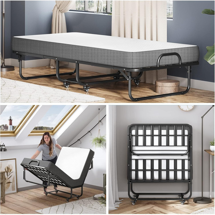 Розкладне ліжко DICTAC 90x200 см для дорослих з матрацом з піни з ефектом пам&39яті приблизно 13 см Гостьове ліжко Розкладне металеве каркасне розкладне ліжко з колесами Дорожнє ліжко Розкладне металеве ліжко Стабільне навантаження до 200 кг Розкладне ліж