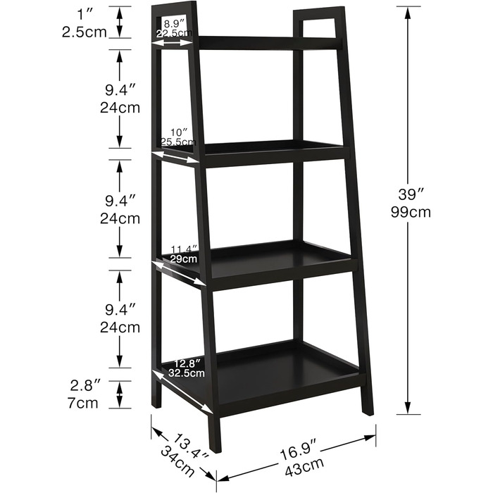 Бамбукова книжкова полиця SMIBUY з драбиною, органайзер для полиць у ванній кімнаті, окремостояча підставка для рослин, компактні полиці для спальні, кухні, балкону (чорна, 4 полиці (99 см заввишки)) Чорна 4 полиці (99 см заввишки)