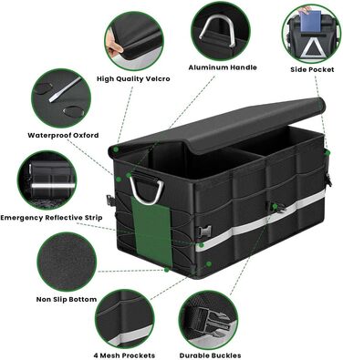 Органайзер для багажника WINHUNT, автомобільний органайзер для зберігання речей з водонепроникним кишенею, складний органайзер з багатьма відділеннями для автомобіля, позашляховика, седана, пікапа (Чорний, 66л) Чорний 66л