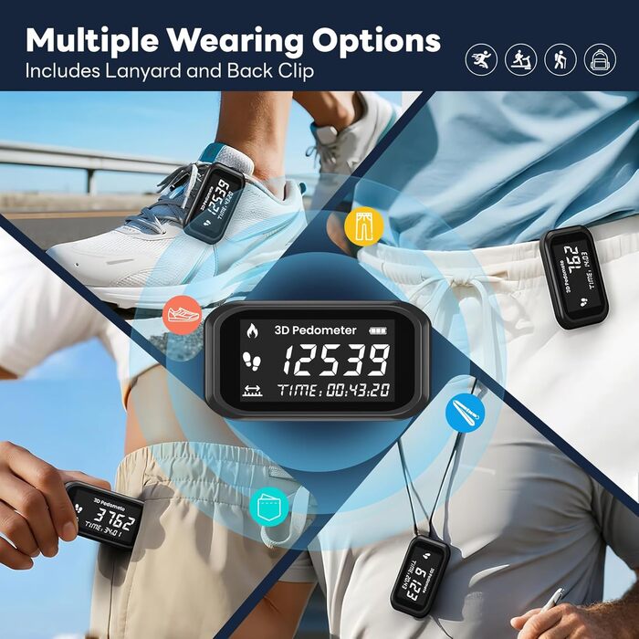 Крокомір із застібкою, крокомір без застосунку чи телефону, точний крокомір із шнурком, лічильник калорій, РК-дисплей, крокомір для ходьби, бігу, пробіжок, походів, 3D