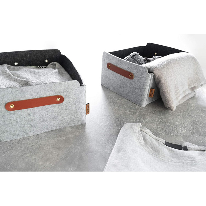 Фетровий ящик для зберігання Miqio Design зі шкіряною ручкою Високоякісний фетровий кошик Фетровий ящик з ручками з натуральної шкіри Кошик-поличка Світло-сірий Набір з 4 фетрових кошиків (325x15 см) Сірий меланж з елементами з натуральної шкіри