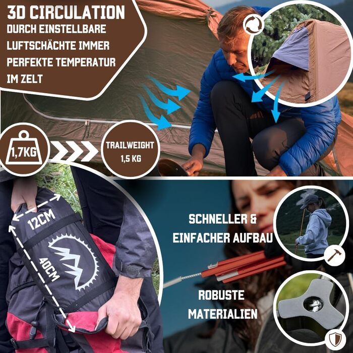 Намети GOALPINE для 1 та 2 дорослих Водонепроникність 4000 мм Маленький розмір у упаковці Для піших прогулянок, альпінізму та велотуризму Ультралегкі 3-4 сезони Швидке встановлення 1P Eremit - Коричневий