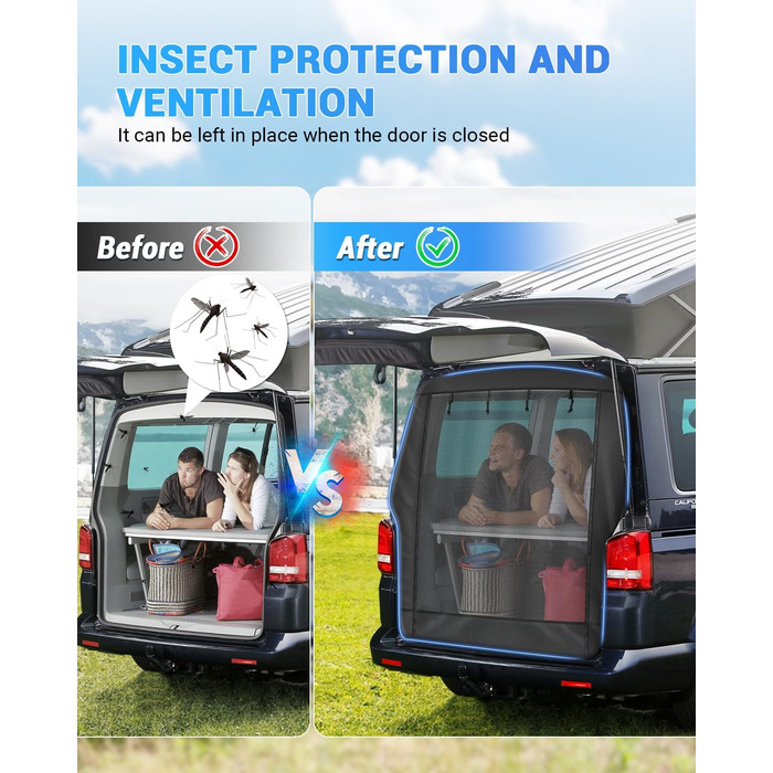 Москітна сітка SUPAREE 6&39x5&39 для багажника VW T5, захист від комах для фургонів та кемперів, із застібками-блискавкою та липучками для будинків на колесах, караванів та кемперів VW T5 та T6, чорна, 185 x 155 см