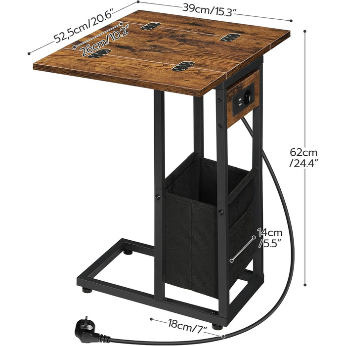 Журнальний столик HOOBRO із зарядною станцією, C-подібної форми, складаний журнальний столик із тканинною кишенею, тумбочка з розеткою та 2 USB-портами, для вітальні, вінтажний коричневий та чорний EBF30CSF01