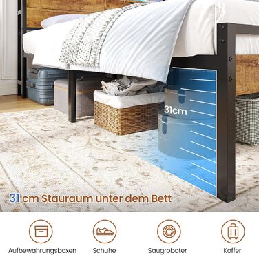 Ліжко 140x200 з металевою рейковою основою, двоспальне ліжко зі світлодіодним підсвічуванням та розеткою, каркас ліжка 140x200 см з дерев&39яним узголів&39ям, 2 шафи з дверима, дитяче ліжко з місцем для зберігання речей, коричневий колір, 140x200 см