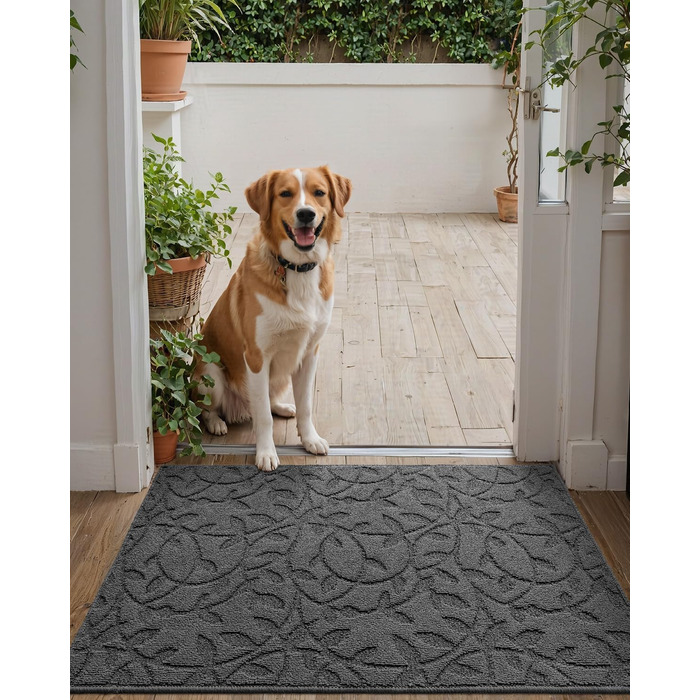 Килимок для дверей DEXI для приміщень, 81 x 121 см, нековзний килимок, що вловлює бруд, низький профіль, тонкий вхідний килимок, абсорбуючий, легко чиститься, килимок для вхідної зони, патіо, гілка 2&398&39 x 4&39 (прямокутний), колір листя сірий