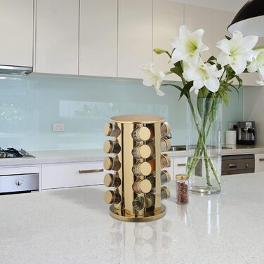 Підставка для спецій Relaxdays з 20 баночками для спецій, зі вставкою-шейкером, поворотна на 360, карусель для спецій, нержавіюча сталь, золотий/прозорий