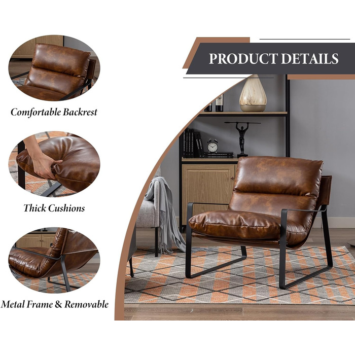 Крісло для вітальні, крісло для читання з підлокітниками, сучасне крісло для відпочинку з металевим каркасом, штучна шкіра, коричневий колір